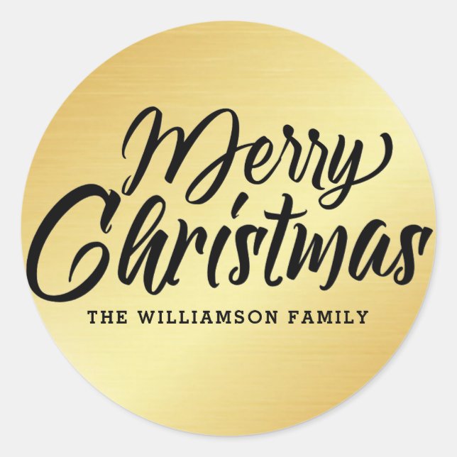 Gold Modern Script Merry Christmas Personalised Classic Round Sticker (Front)