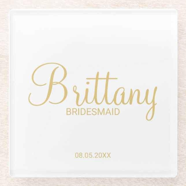 Gold Modern Script Personalised Bridesmaids Glass Coaster (Front)