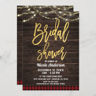 Gold Modern Script Rustic Wood Plaid Bridal Shower Invitation