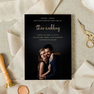 Gold Modern Script with Photo Wedding Invitation