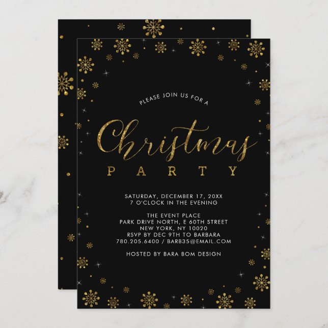 Gold | Modern Snowflakes Christmas Dinner Party Invitation (Front/Back)