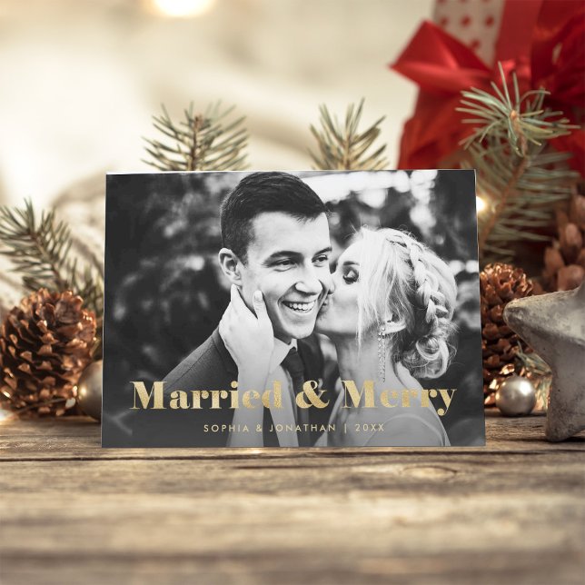 Gold Modern Text Two Photo | Married and Merry Holiday Card (Creator Uploaded)