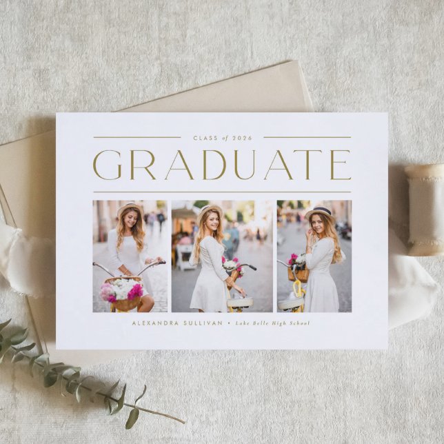 Gold Modern Typography Photo Collage Graduation Invitation (Customizable photo collage graduation invitation featuring minimalist typography. )