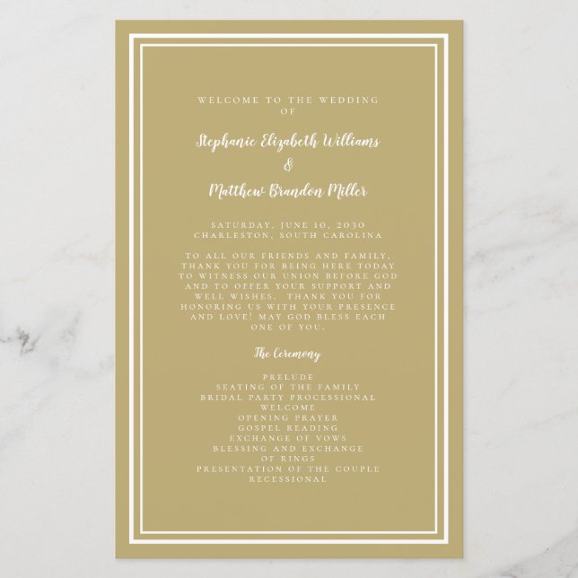 Gold Modern Wedding Script Budget Ceremony Program (Front)