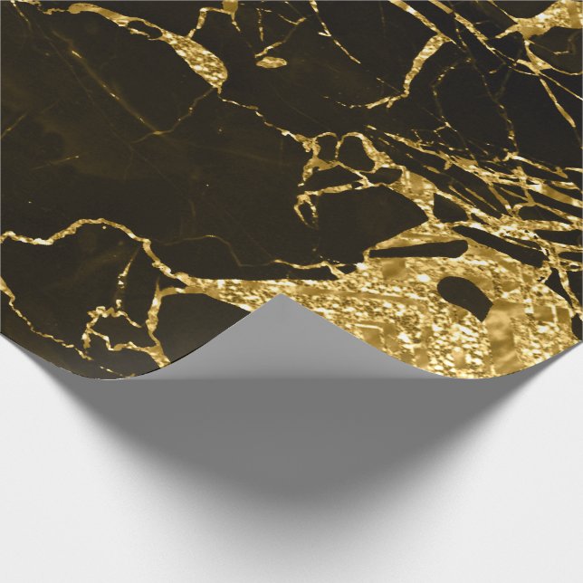 Gold Molten Abstract Metallic Black Marble Wrapping Paper (Corner)