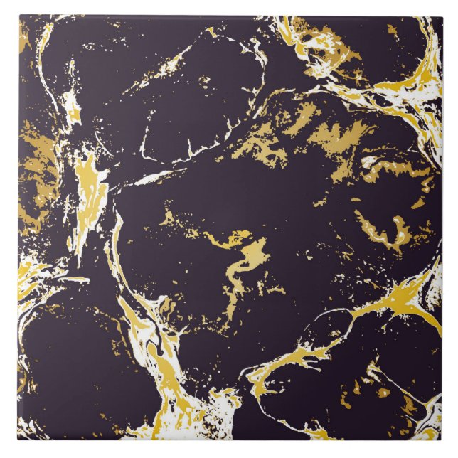 Gold monochrome ebrupaper marbling liquid paint ceramic tile (Front)