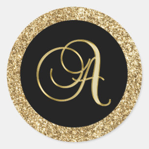 Gold monogram A Black-black, Classic Round Sticker