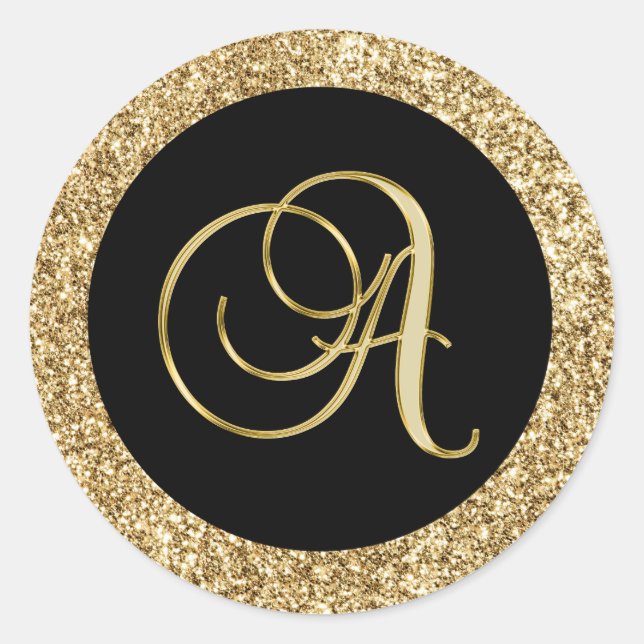 Gold monogram A Black-black, Classic Round Sticker (Front)