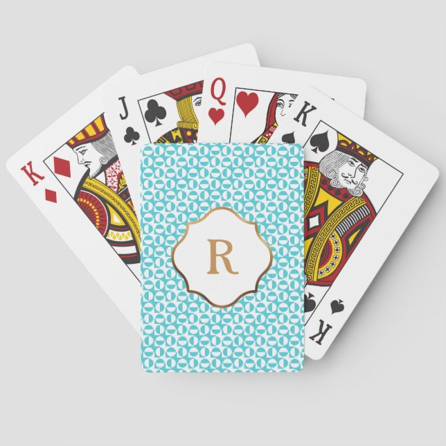Gold Monogram Aqua & White Diagonal Retro Pattern Playing Cards (Back)