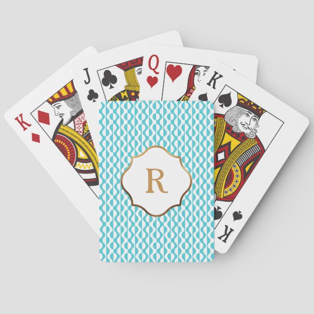Gold Monogram, Aqua & White Waves Retro Pattern Playing Cards (Back)