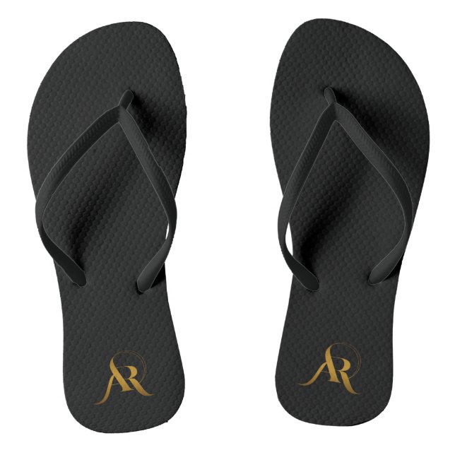 Gold Monogram AR Logo Black Background Flip Flops (Footbed)