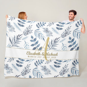 Gold Monogram Azure Blue Botanical Leaves Wedding Fleece Blanket