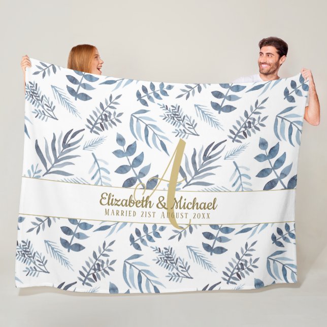Gold Monogram Azure Blue Botanical Leaves Wedding Fleece Blanket (In Situ)