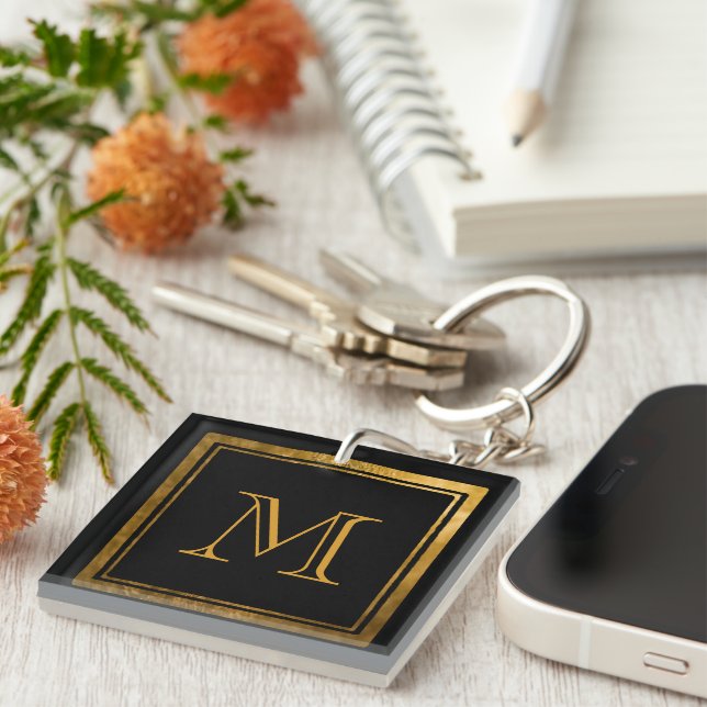 Gold Monogram Black Elegance Key Ring (Front Right)