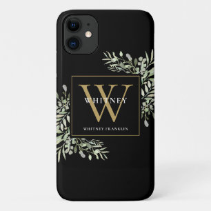Gold Monogram Black Elegant Modern Greenery iPhone 11 Case