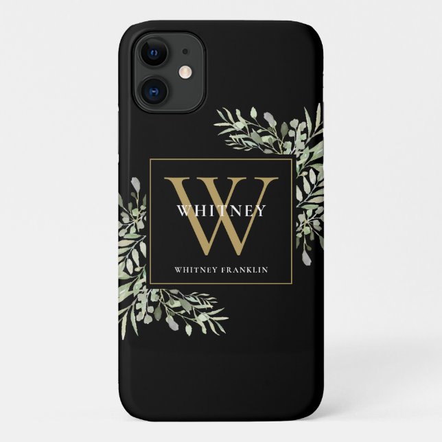 Gold Monogram Black Elegant Modern Greenery Case-Mate iPhone Case (Back)