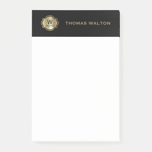Gold Monogram Black Leather Look Elegant Post-it Notes (Front)