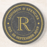 Gold Monogram Black Leather Wedding Anniversary Coaster<br><div class="desc">Make your own classy, elegant, unique monogram using this custom logo design with retro gold typography over vintage black leather image background. Replace the sample text with your family initial, names, wedding date or other text for a personalised gift. Makes a wonderful gift for Wedding, Anniversary, Engagement, birthday, retirement and...</div>
