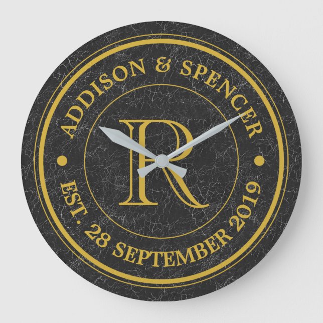 Gold Monogram Black Leather Wedding Anniversary Large Clock (Front)