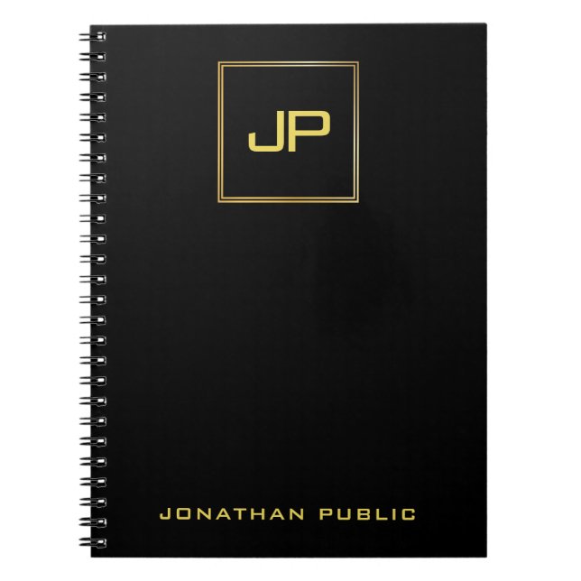 Gold Monogram Black Template Elegant Modern Spiral Notebook (Front)