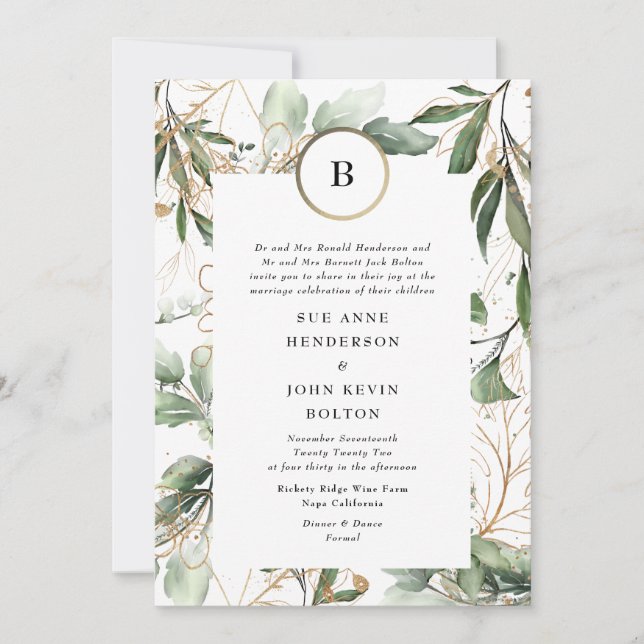 Gold Monogram Botanical Eucalyptus Greenery Moss Invitation (Front)
