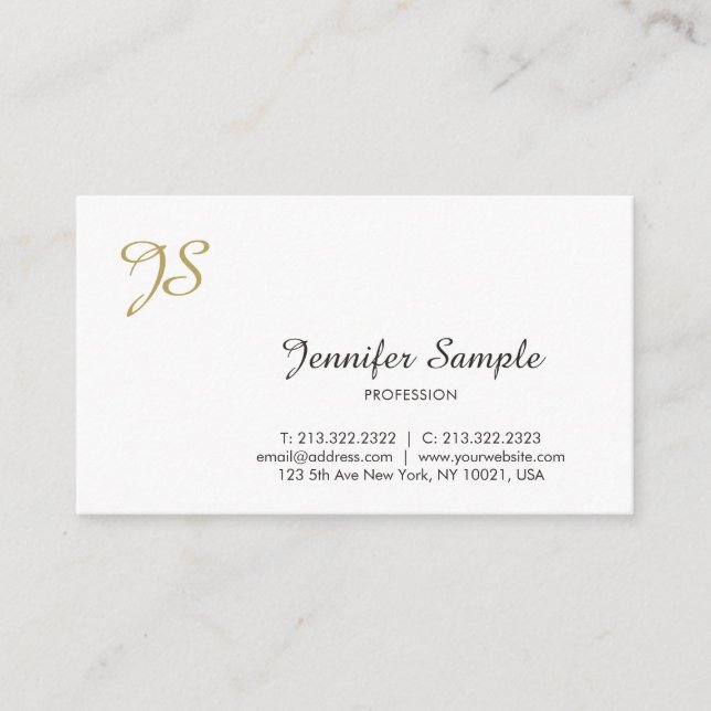 Gold Monogram Calligraphy Trendy Chic White Plain Business Card (Front)