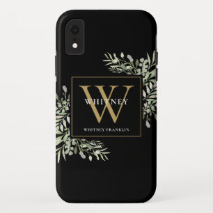 Gold Monogram Chic Greenery Black iPhone XR Case