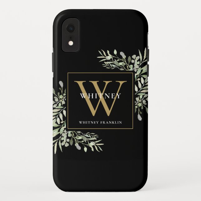 Gold Monogram Chic Greenery Black Case-Mate iPhone Case (Back)