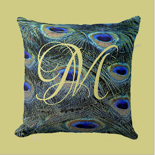 Gold Monogram Colourful Peacock Feathers Cushion