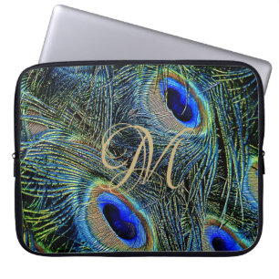 Gold Monogram Colourful Peacock Feathers  Laptop Sleeve