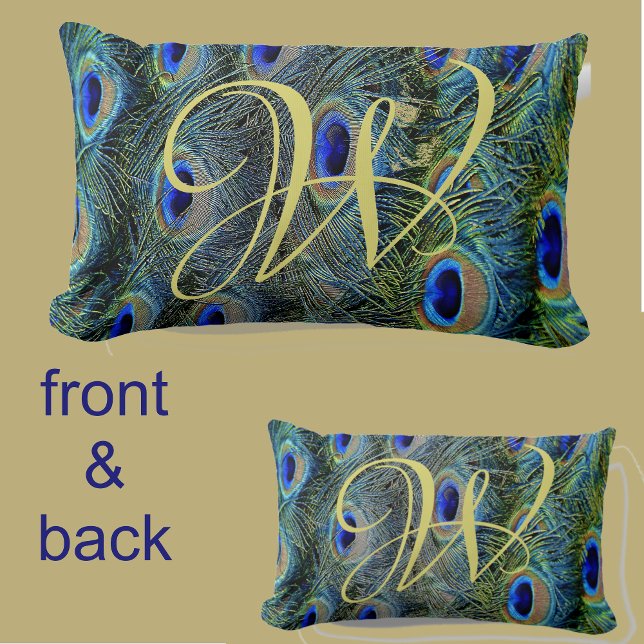 Gold Monogram Colourful Peacock Feathers Lumbar Cushion (Creator Uploaded)
