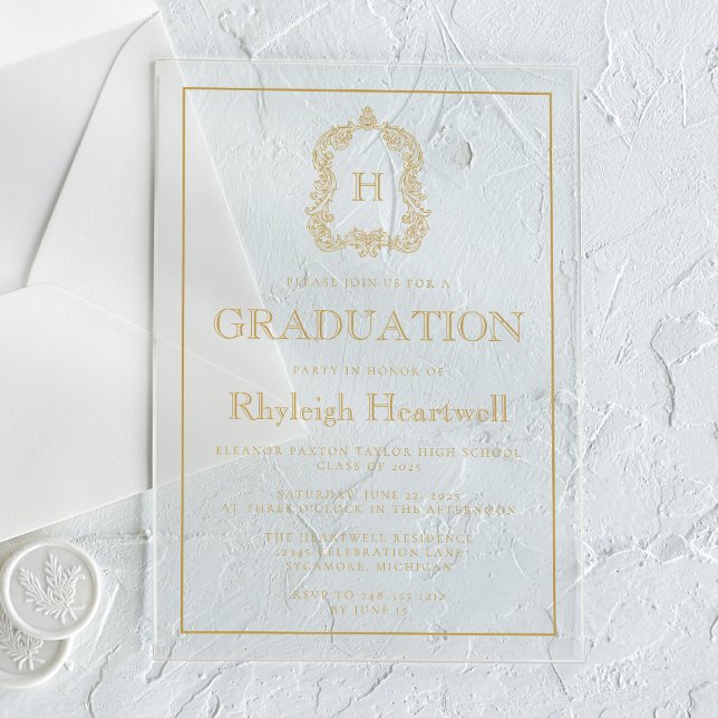 Gold Monogram Crest Graduation Party Acrylic Invitations (Creator Uploaded)