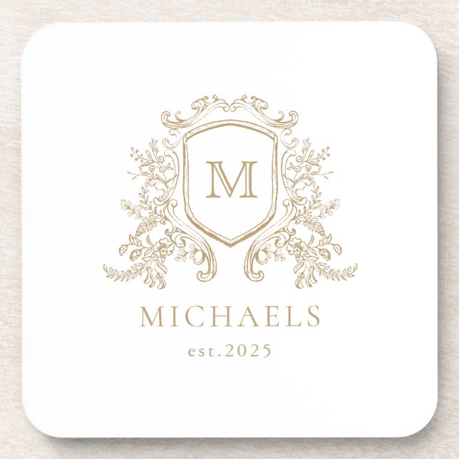 Gold Monogram Crest Hard Plastic coasters (Front)