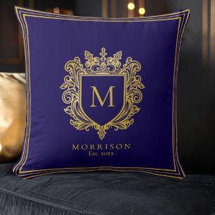 Gold Monogram Crest Throw Pillow