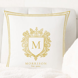 Gold Monogram Crest Throw Pillow