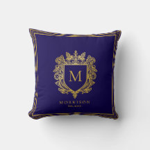 Gold Monogram Crest Throw Pillow