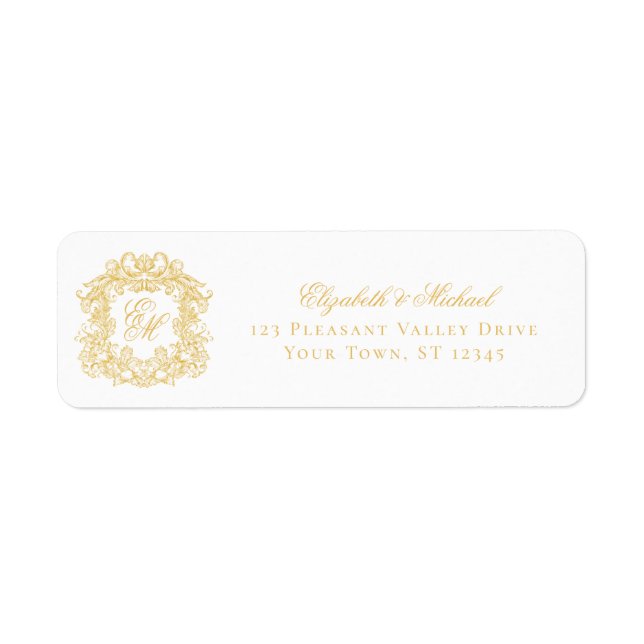Gold Monogram Crest Wedding Return Address Label (Front)
