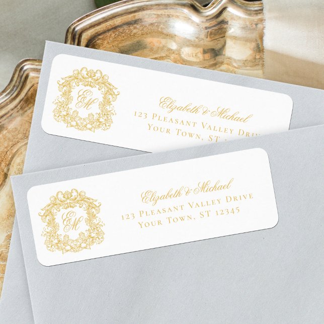 Gold Monogram Crest Wedding Return Address Label (Creator Uploaded)