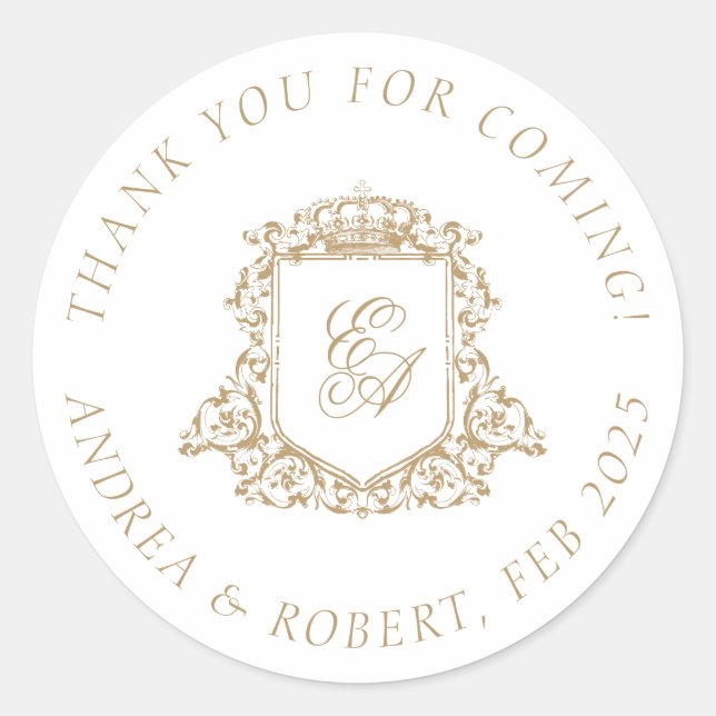 Gold Monogram Crest Wedding Thank You Classic Round Sticker (Front)