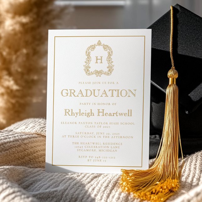 Gold Monogram Crest White Graduation Party Invitation (Creator Uploaded)