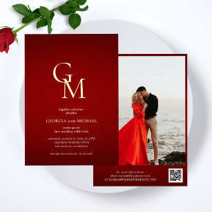 Gold Monogram Crimson Red Photo QR Code Wedding