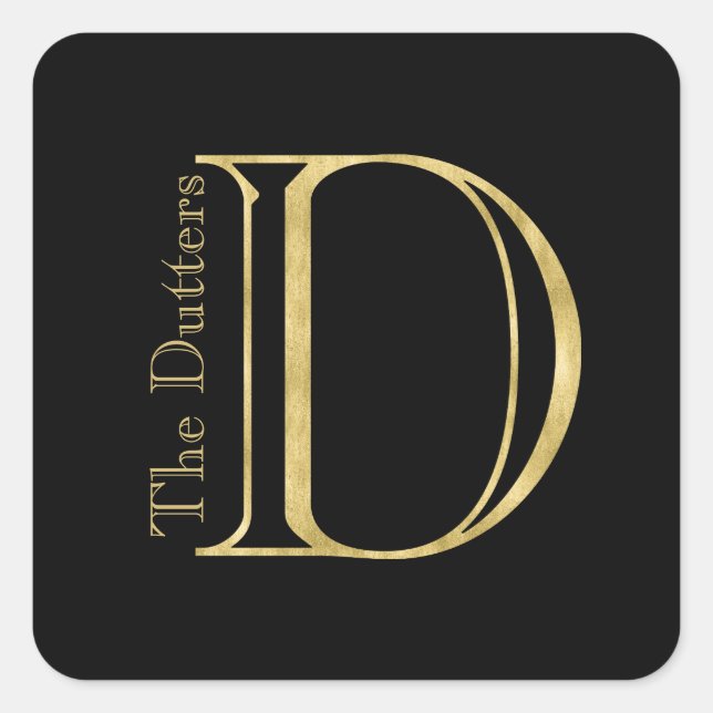 Gold Monogram D and Name on Any Colour Square Sticker (Front)