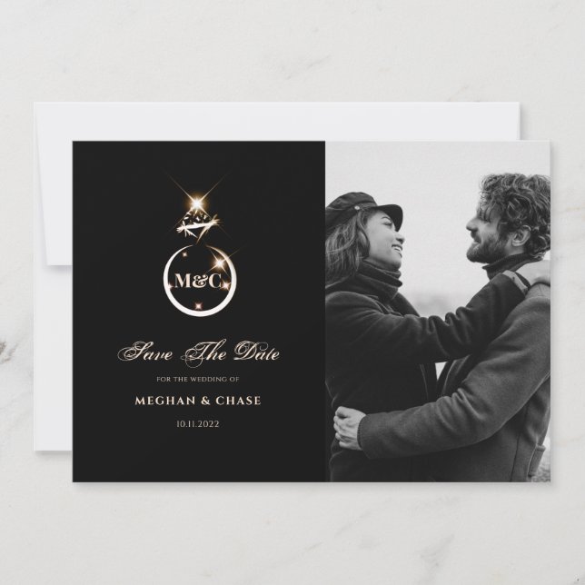 Gold Monogram Diamond Wedding Photo Save The Date (Front)