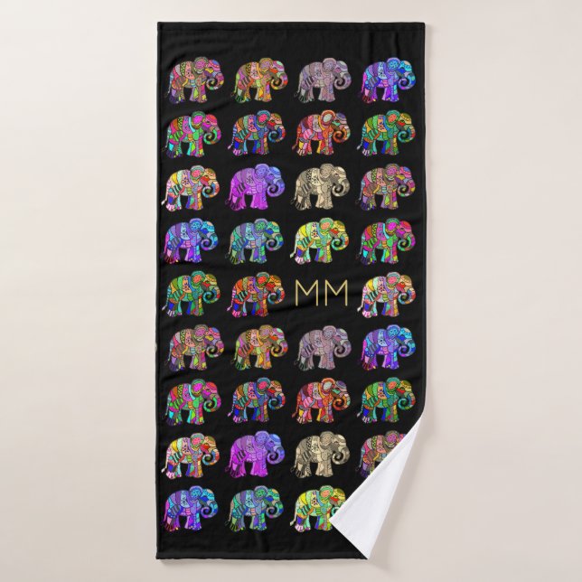 Gold Monogram Elegant Black Elephant Lover's Bath Towel (Bath Towel)