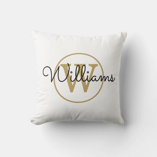 Gold Monogram Elegant Black Script Cushion (Front)
