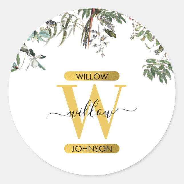 Gold Monogram Elegant Eucalyptus Greenery & Birds  Classic Round Sticker (Front)