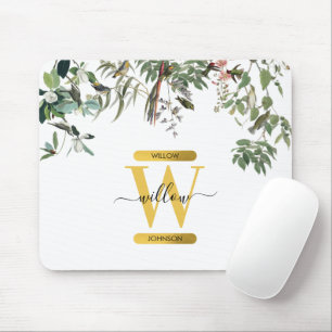Gold Monogram Elegant Eucalyptus Greenery & Birds Mouse Pad