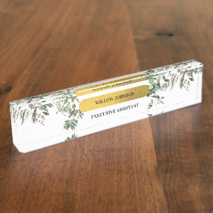 Gold Monogram Elegant Eucalyptus Greenery & Birds Nameplate