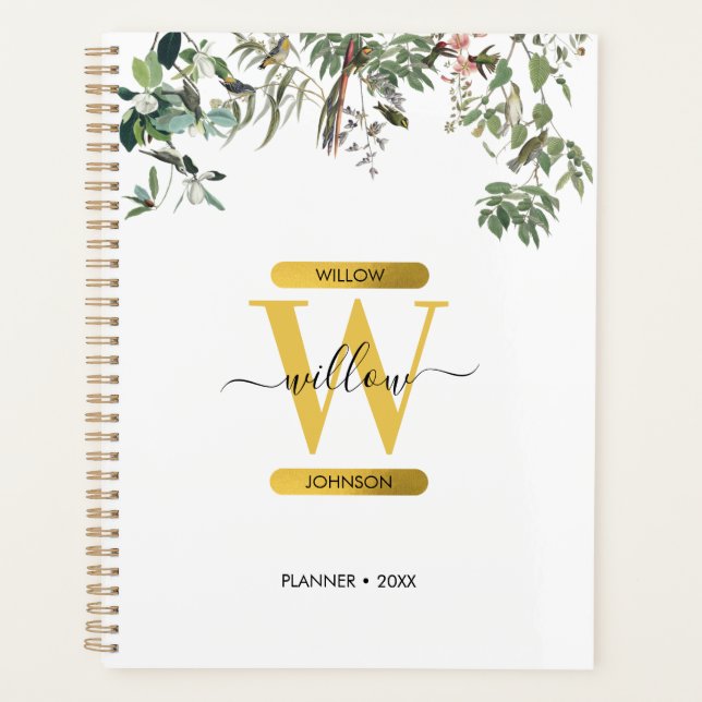 Gold Monogram Elegant Eucalyptus Greenery & Birds  Planner (Front)