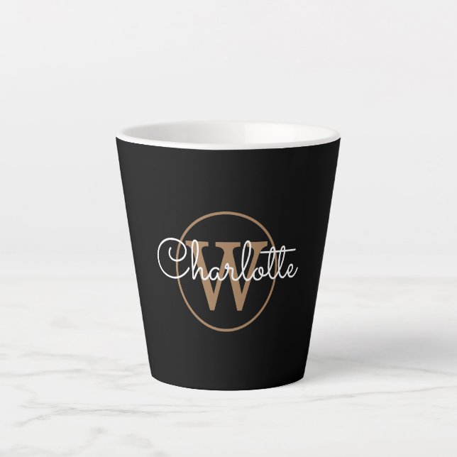 Gold Monogram Elegant Girly Script Black Latte Mug (Front)